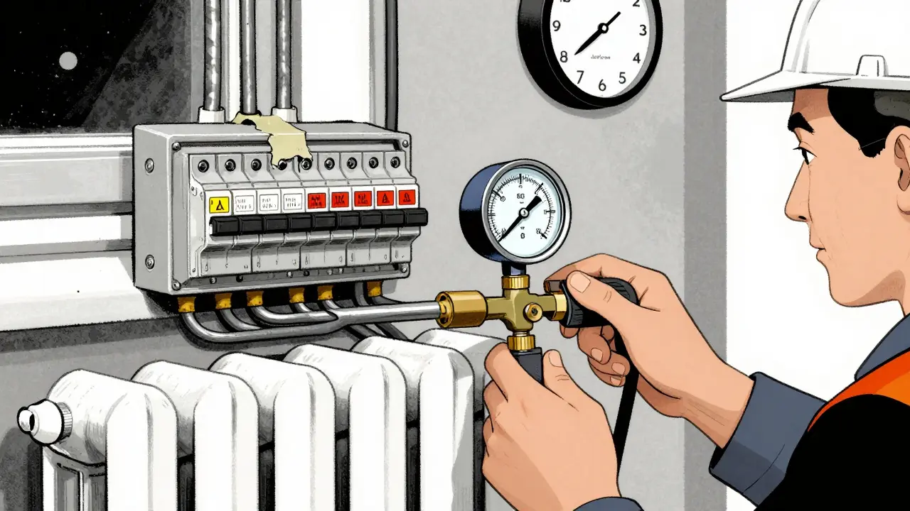 Инженер проверяет воду, радиаторы и проводку в старой квартире, выявляя скрытые проблемы.