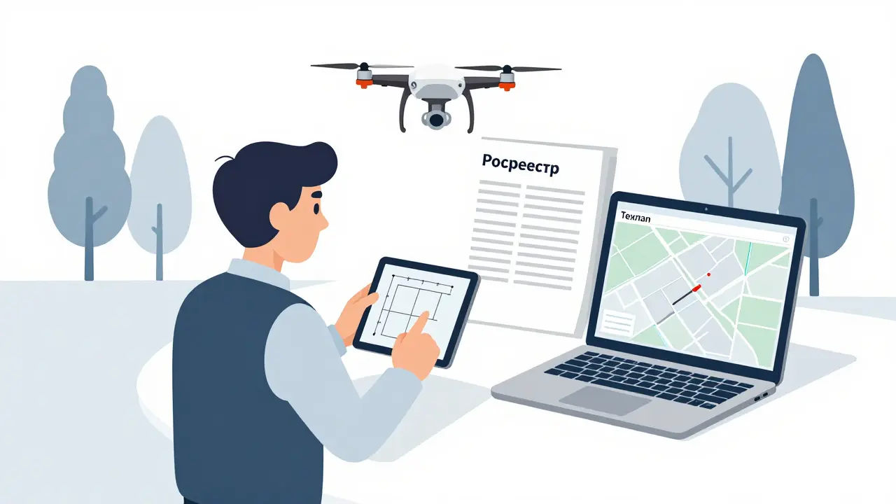 Кадастровый инженер с планшетом и дроном над дачей, в минималистичном стиле