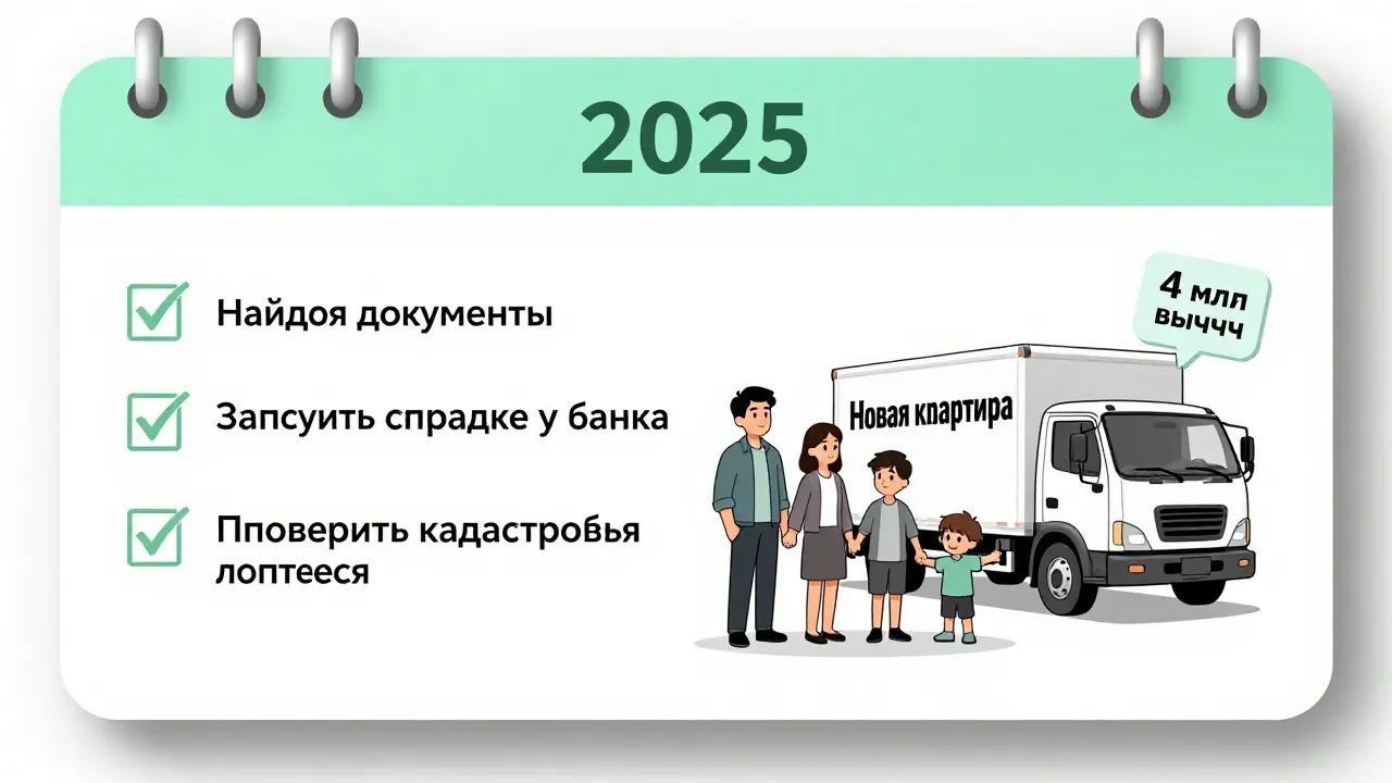 Календарь с чек-листом и семьей, готовящейся к продаже и покупке жилья.