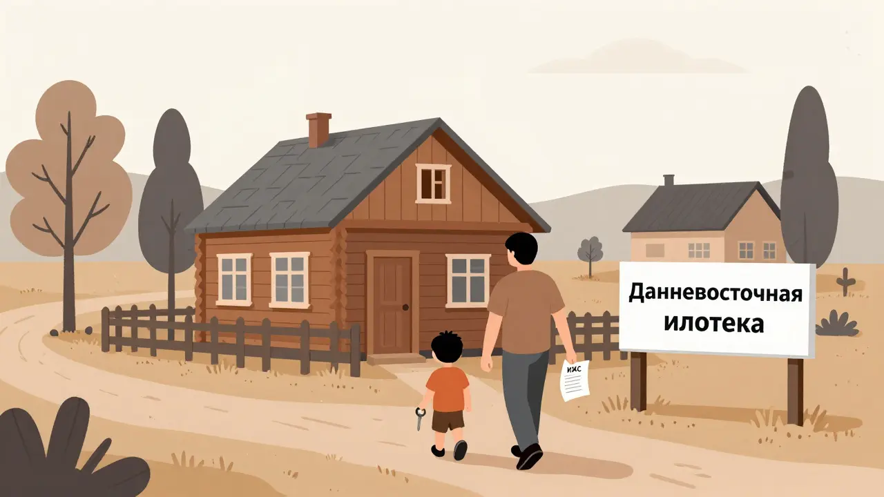 Одинокий родитель с ребенком идет к домy в деревне на Дальнем Востоке