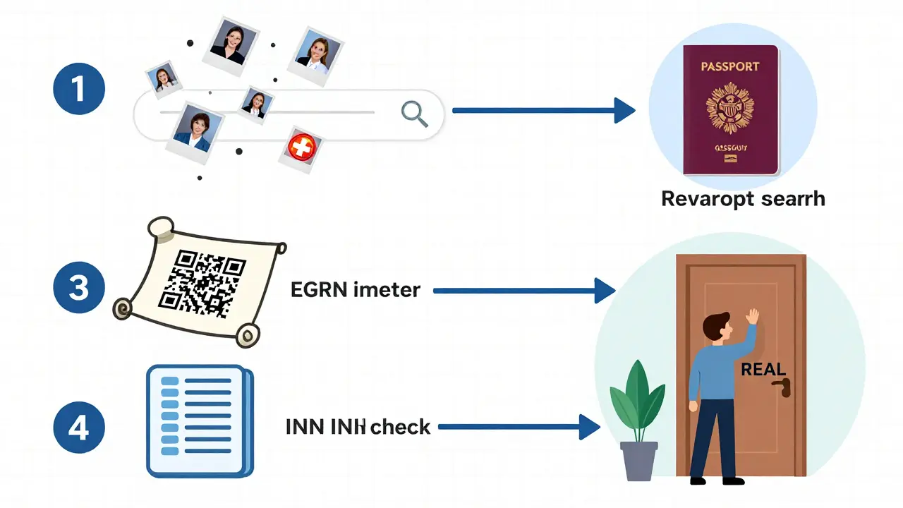 Пятиэтапная инфографика проверки квартиры: поиск фото, паспорт, ЕГРН, агентство, осмотр.