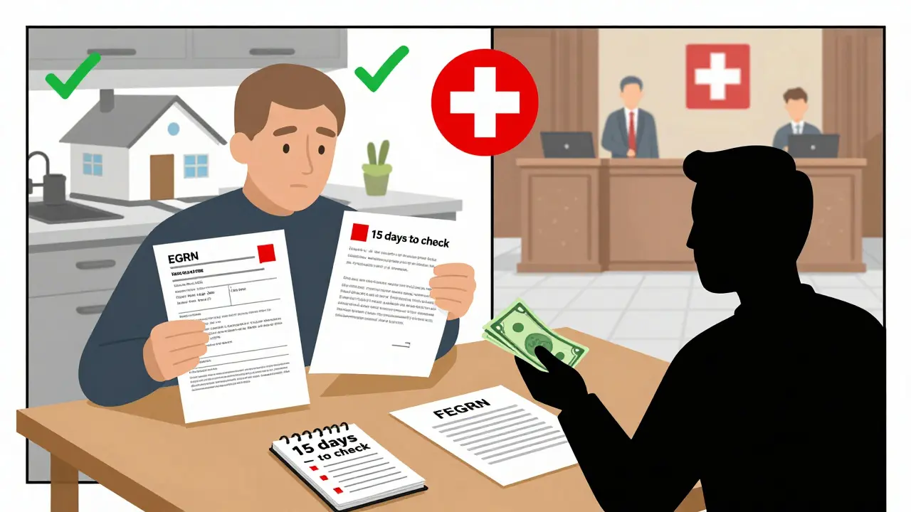 Покупатель изучает документы, избегая мошенничества с договором и долгами по ЖКХ.