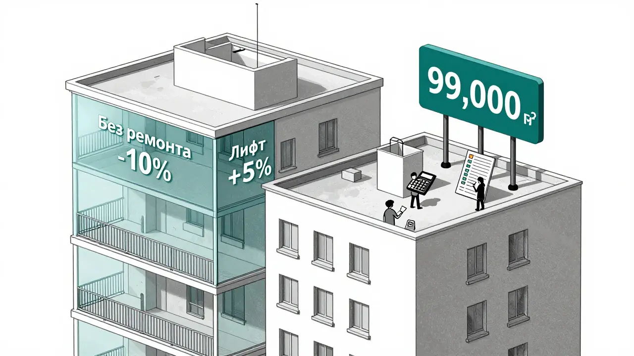 Прозрачный дом с метриками ремонта, лифта и итоговой стоимостью за квадратный метр, в минималистичном стиле.