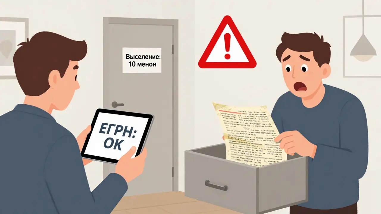 Разделённая сцена: цифровая выписка ЕГРН слева, архивные записи вырываются справа.