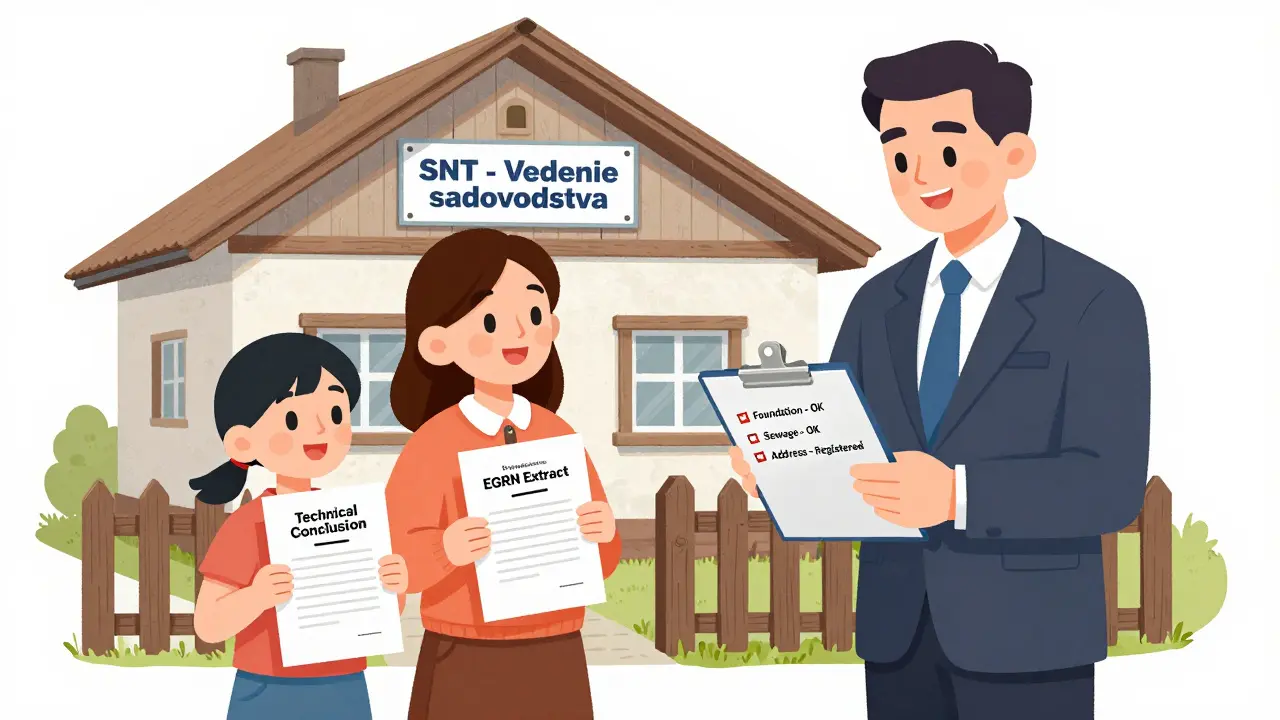 Семья и чиновник проверяют документы для прописки в загородном доме.