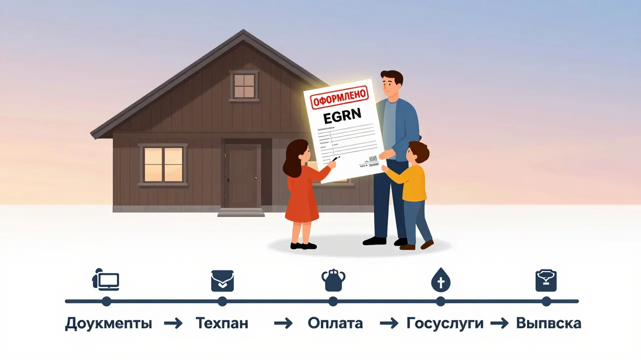 Семья получает выписку ЕГРН под печатью 'ОФОРМЛЕНО', в стиле швейцарской иллюстрации