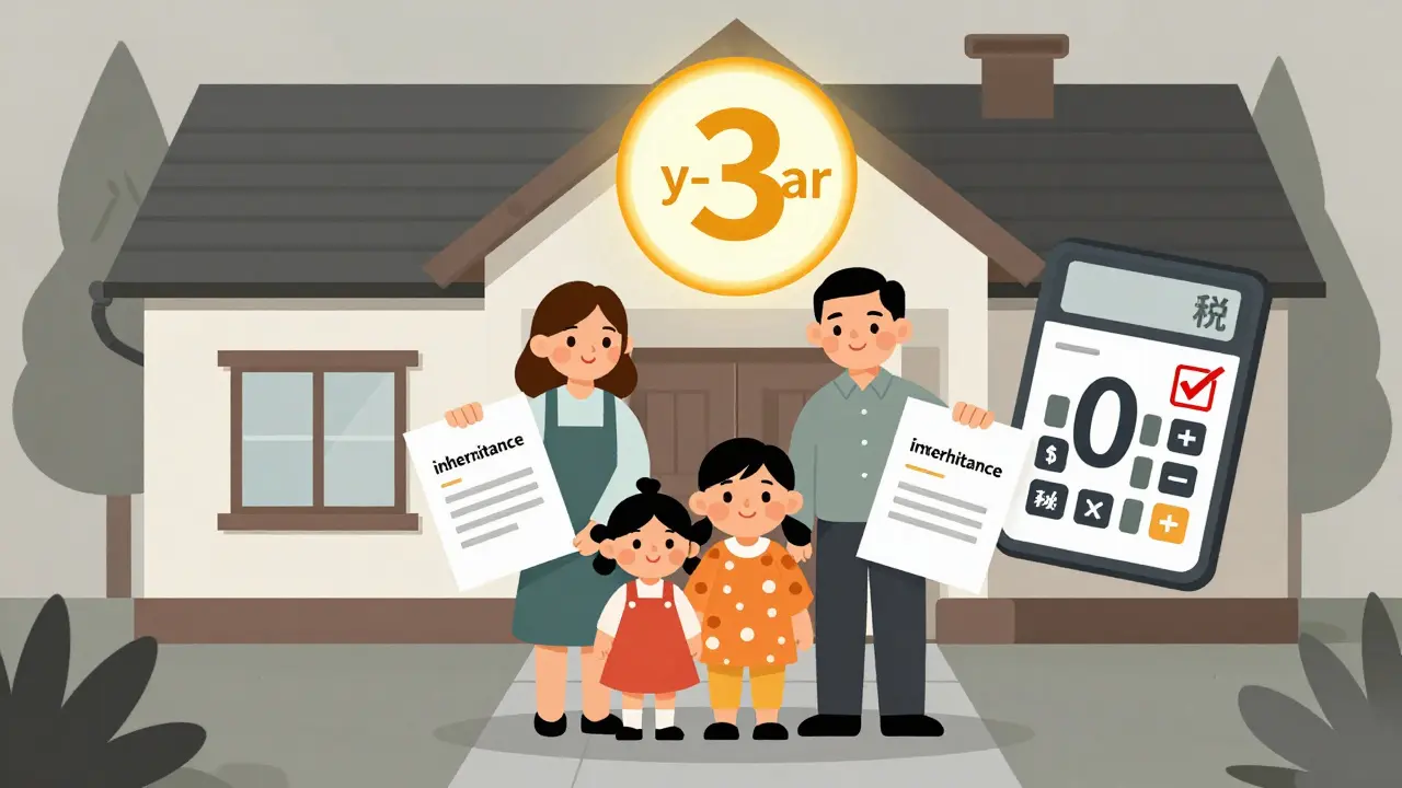 Семья с документами на наследство и маткапитал, перед домом с значком 3 лет, налог равен нулю.