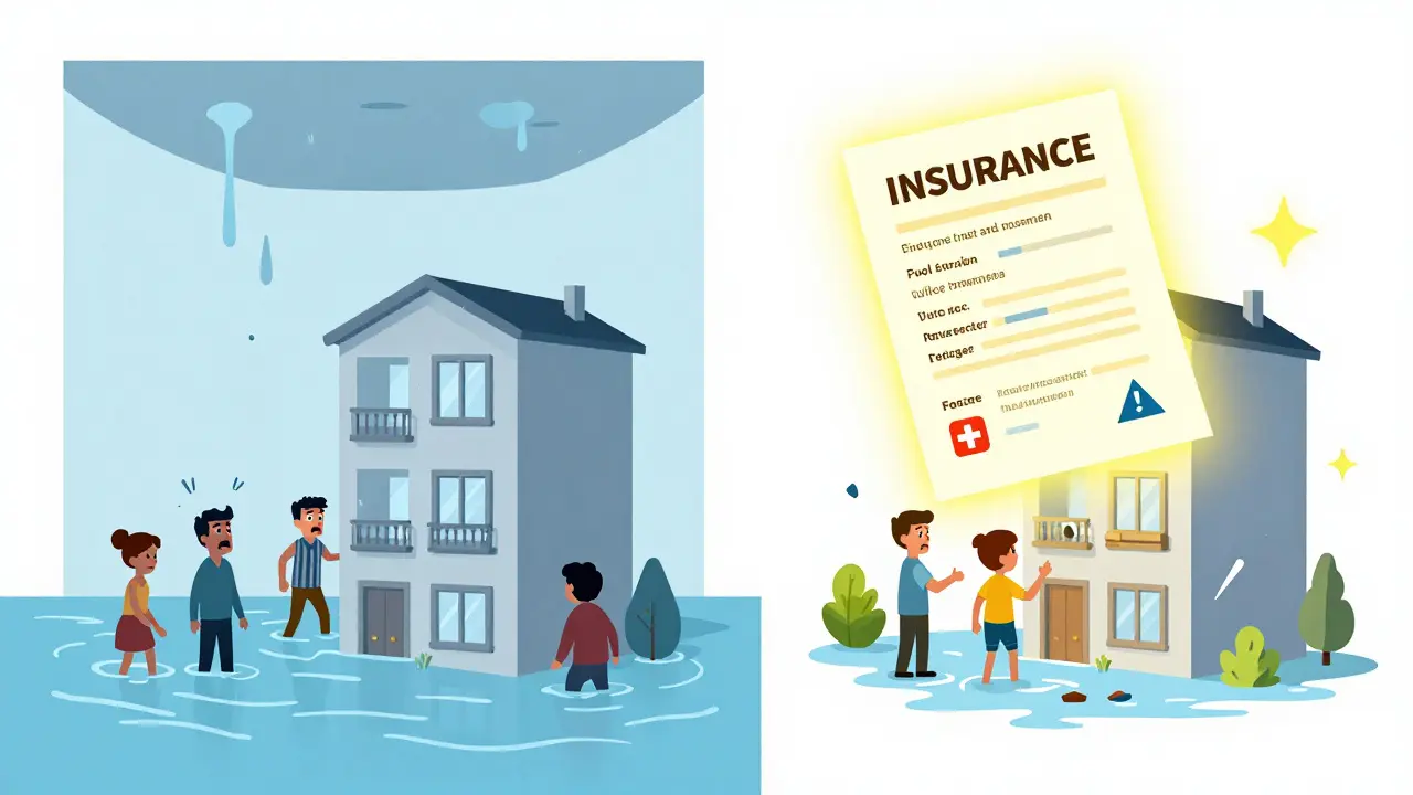 Слева — затопленная квартира, справа — страховой полис восстанавливает ущерб.