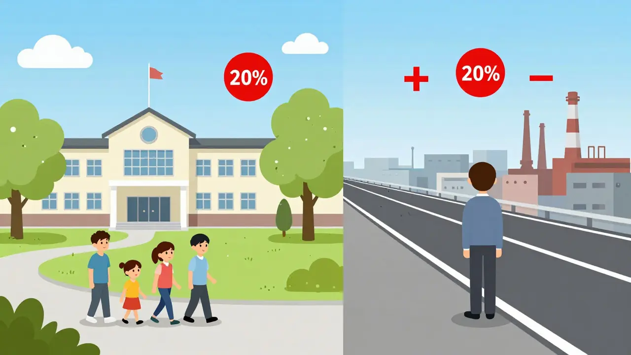 Сравнение благоприятной локации с плюсами и неблагоприятной с минусами: школа и парк против шумной магистрали.