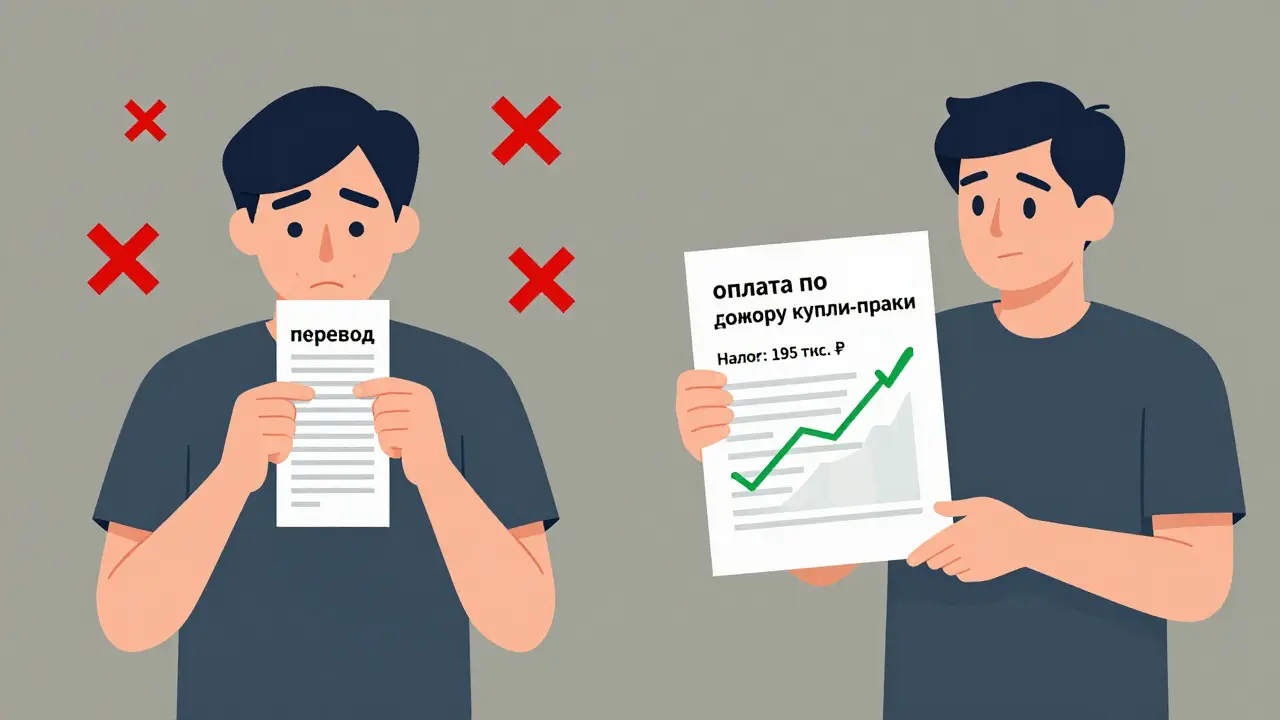 Сравнение двух сцен: ошибочный платеж без пометки и правильный с указанием цели платежа.