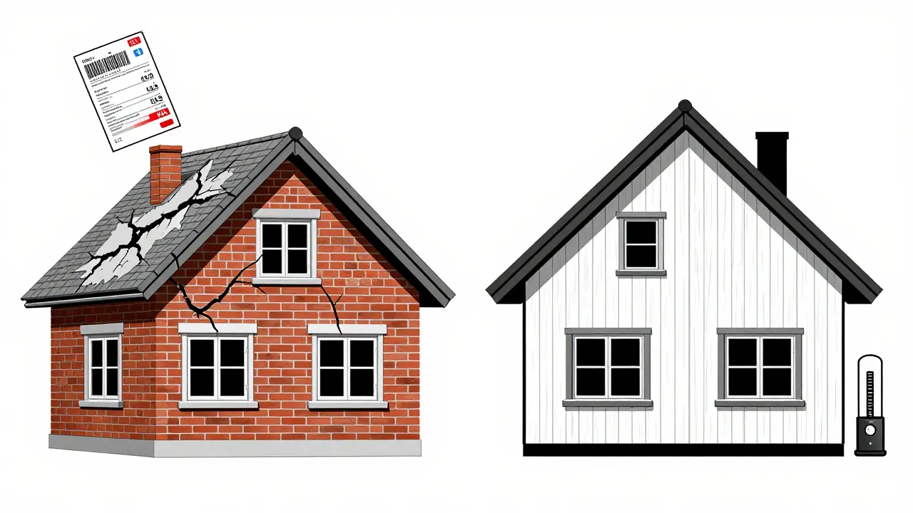 Сравнение кирпичного и деревянного дома: один с трещинами и высокими счетами, другой — с низким потреблением энергии.
