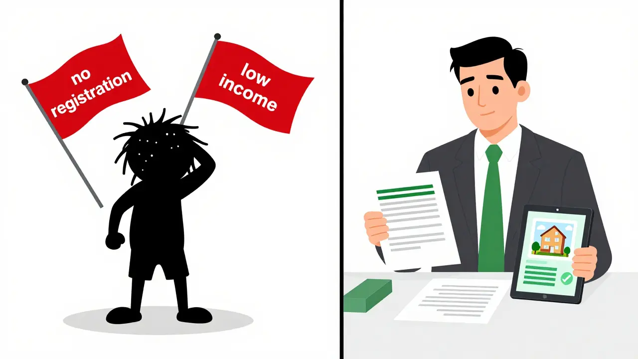 Сравнение ненадежного и надежного арендатора с визуальными сигналами риска и безопасности.