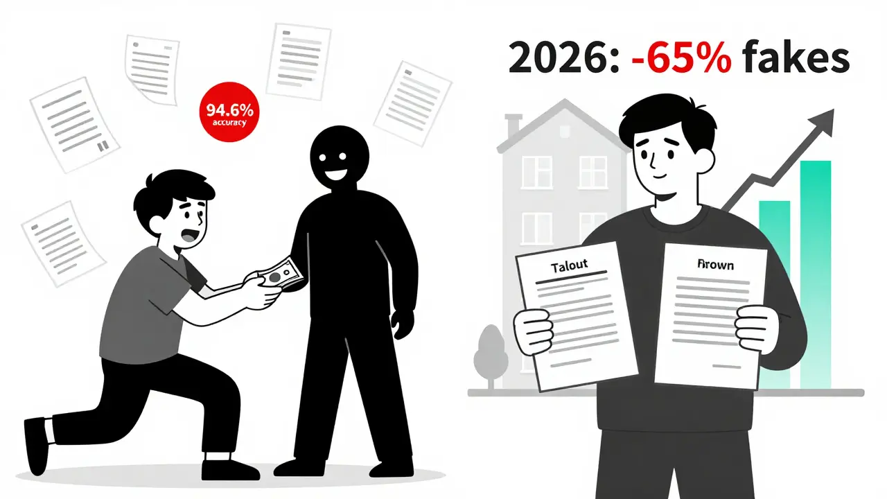 Сравнение риска: слева — мошенничество, справа — безопасная аренда с графиком снижения фейков.
