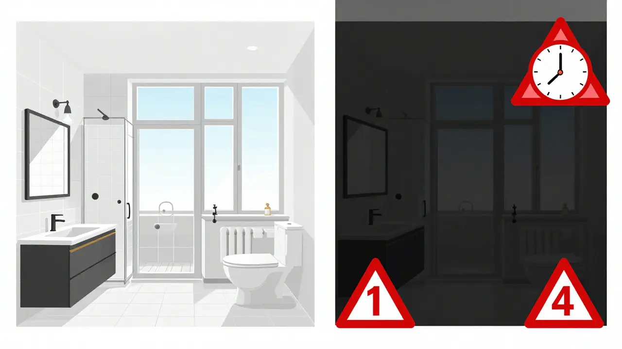 Сравнение современной и устаревшей планировки квартиры с предупреждающими символами.