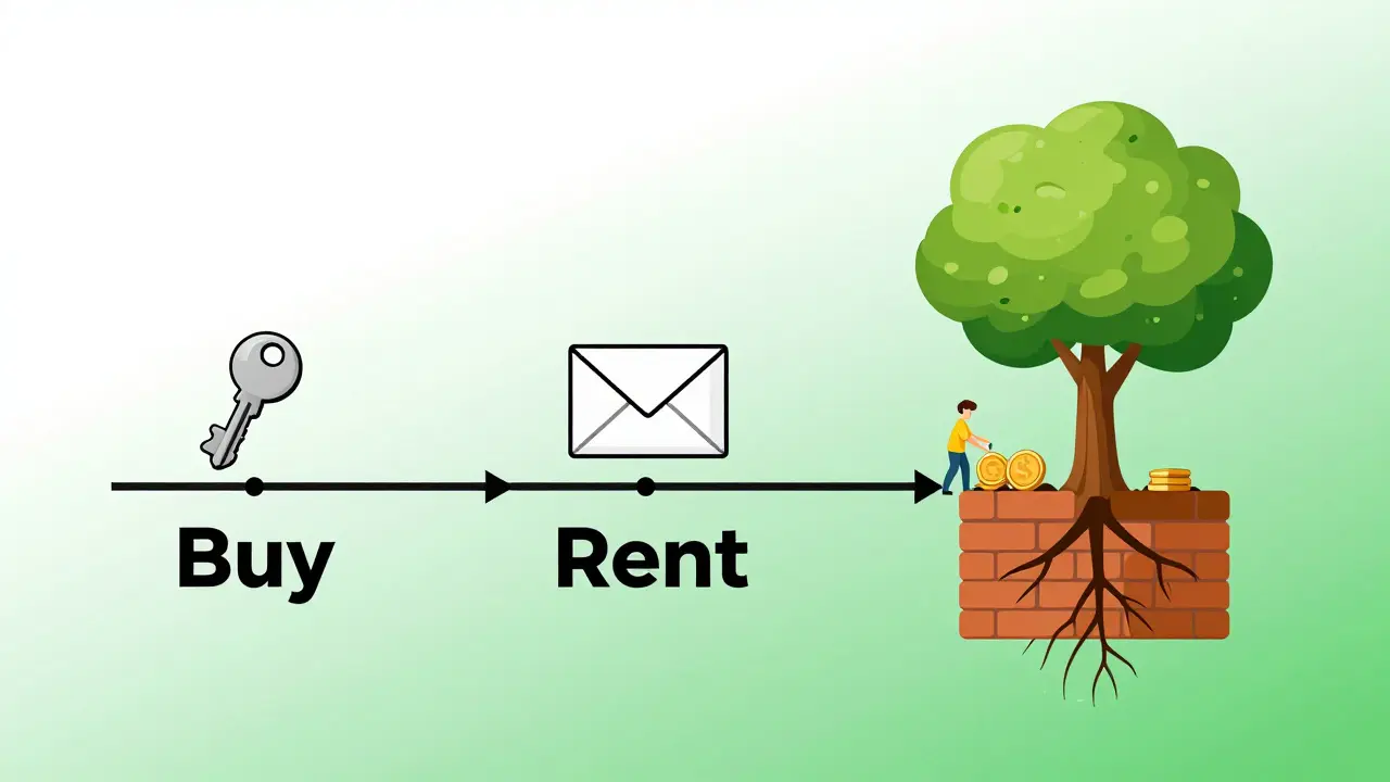Трёхэтапный путь к защите капитала: покупка, аренда, рост — в минималистичной иллюстрации.