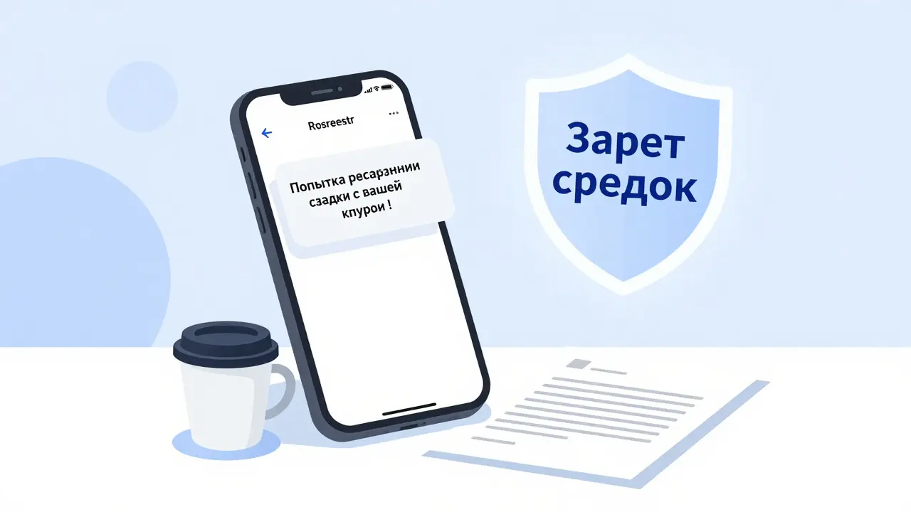 Уведомление на телефоне о попытке сделки с квартирой, рядом — подписанный договор и щит защиты.