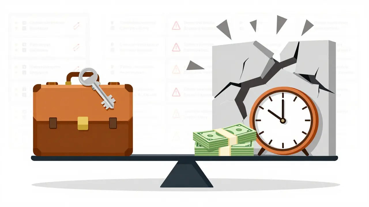 Весы балансируют ключ и деньги против задержки и дефектов — символизируя риски долевого участия.