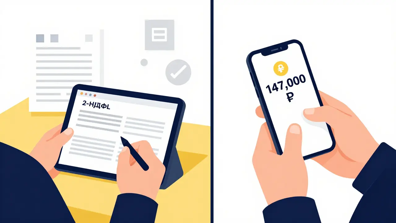 Человек подает документы на вычет через планшет и получает уведомление о переводе.