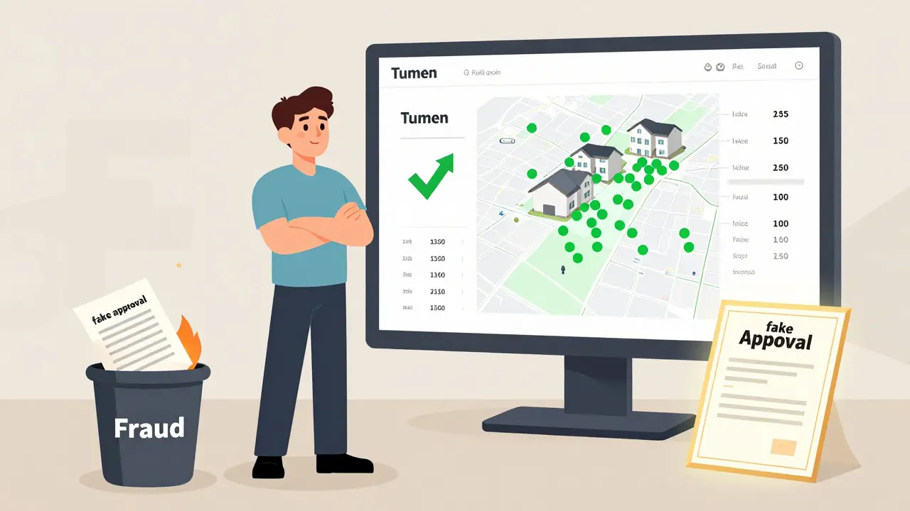 Домовладелец смотрит на карту рыночных цен, рядом — уничтоженный поддельный отчет.