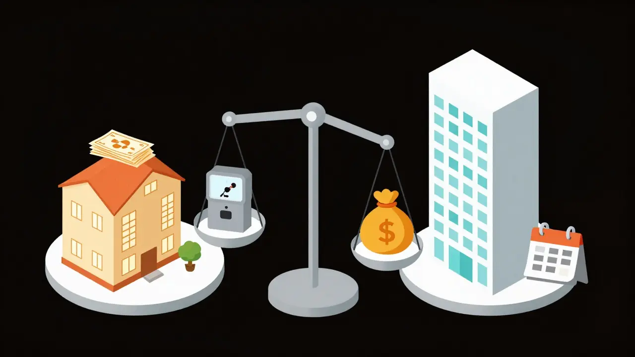 Финансовая чаша весов, показывающая расходы на квартиру и доходы от апарт-отеля