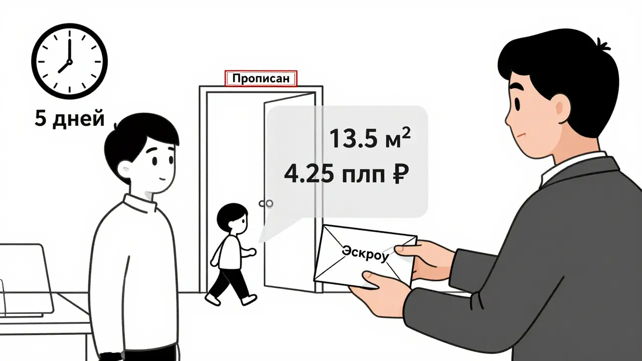Покупатель передает деньги через эскроу, ребенок заселяется в новую квартиру.