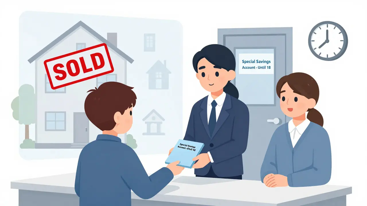 Ребёнок получает банковский счёт с деньгами от продажи квартиры, старая и новая квартира на фоне.