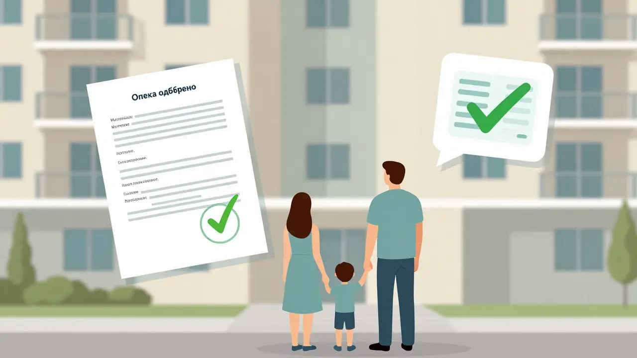 Родитель с ребенком перед новой квартирой, долями собственности и переводом денег.