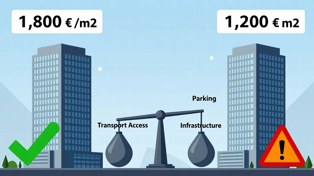 Сравнение двух одинаковых офисных зданий в Тюмени с разными ценами из-за доступности инфраструктуры.