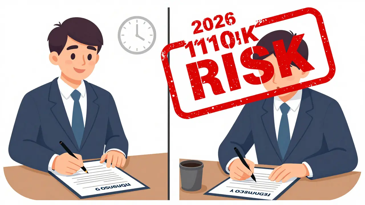 Сравнение: легальный годовой договор с регистрацией и три рискованных 11-месячных договора, фон — часы, указывающие на 2026 год.