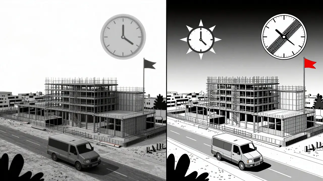 Сравнение поддельных и настоящих фотоотчетов стройки с изменяющимися тенями и техникой.