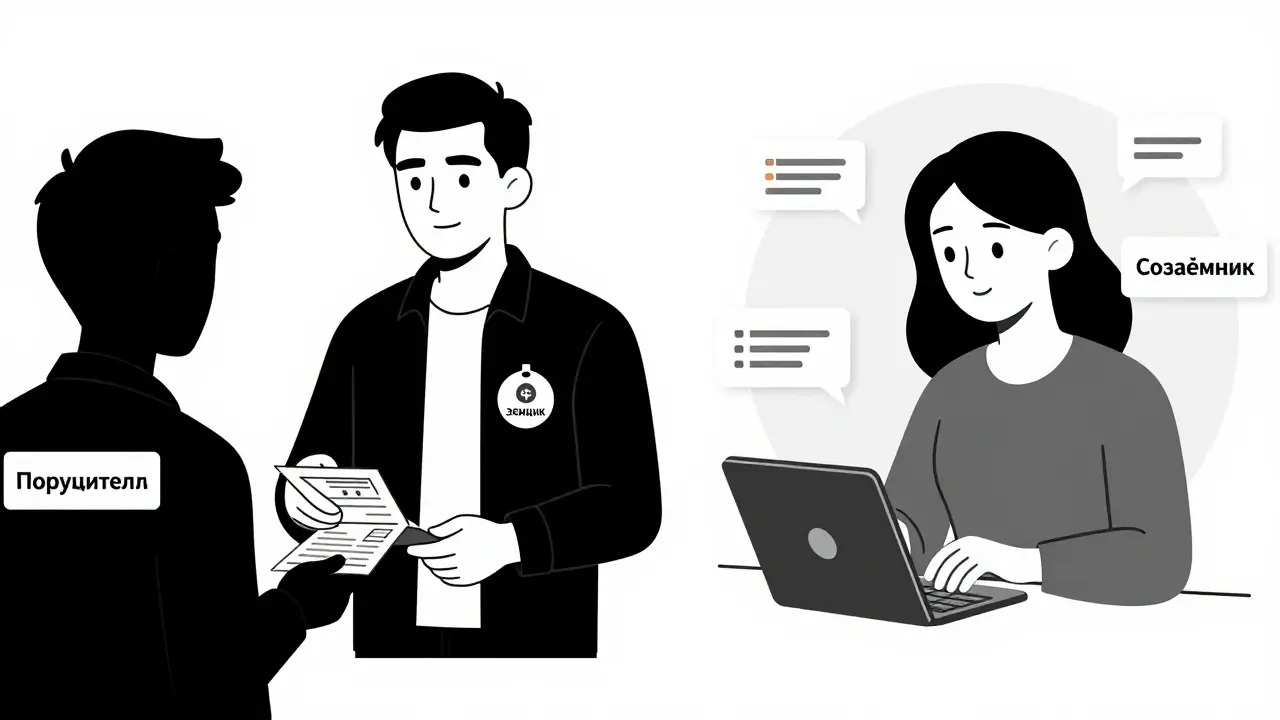 Сравнение ролей созаёмщика и поручителя: один активно управляет кредитом, другой наблюдает.