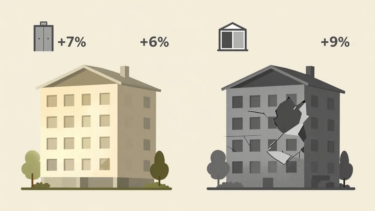 Сравнение современного и старого дома с иконками, обозначающими факторы, влияющие на цену жилья.