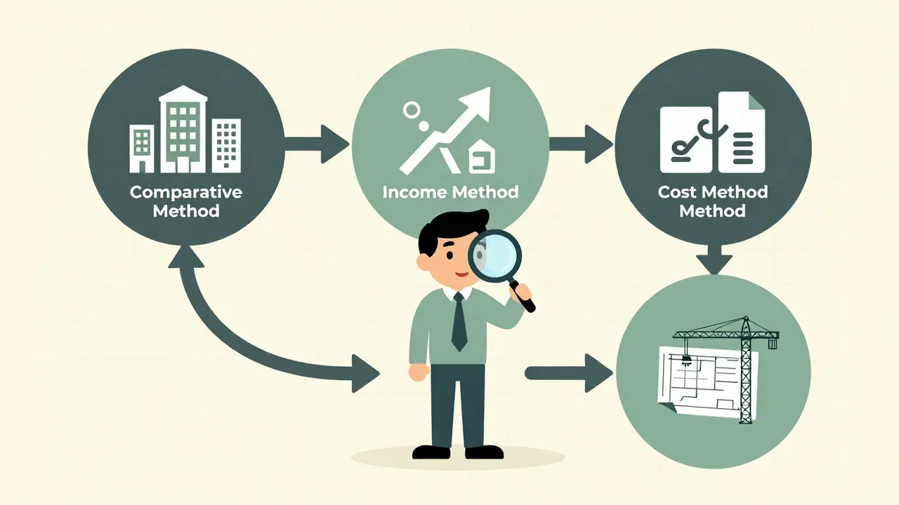 Три метода оценки недвижимости: сравнительный, доходный и затратный, изображенные как пересекающиеся круги.