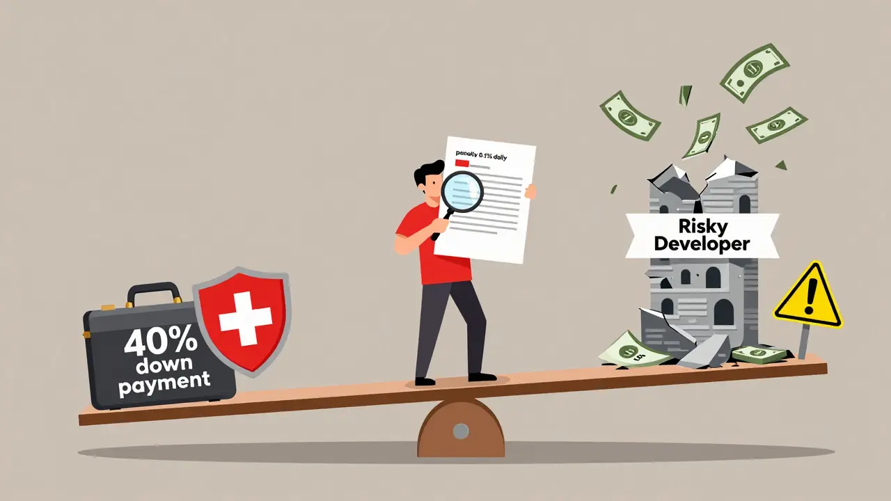 Весы с рисками: надежный застройщик против нестабильного, покупатель колеблется между выбором.