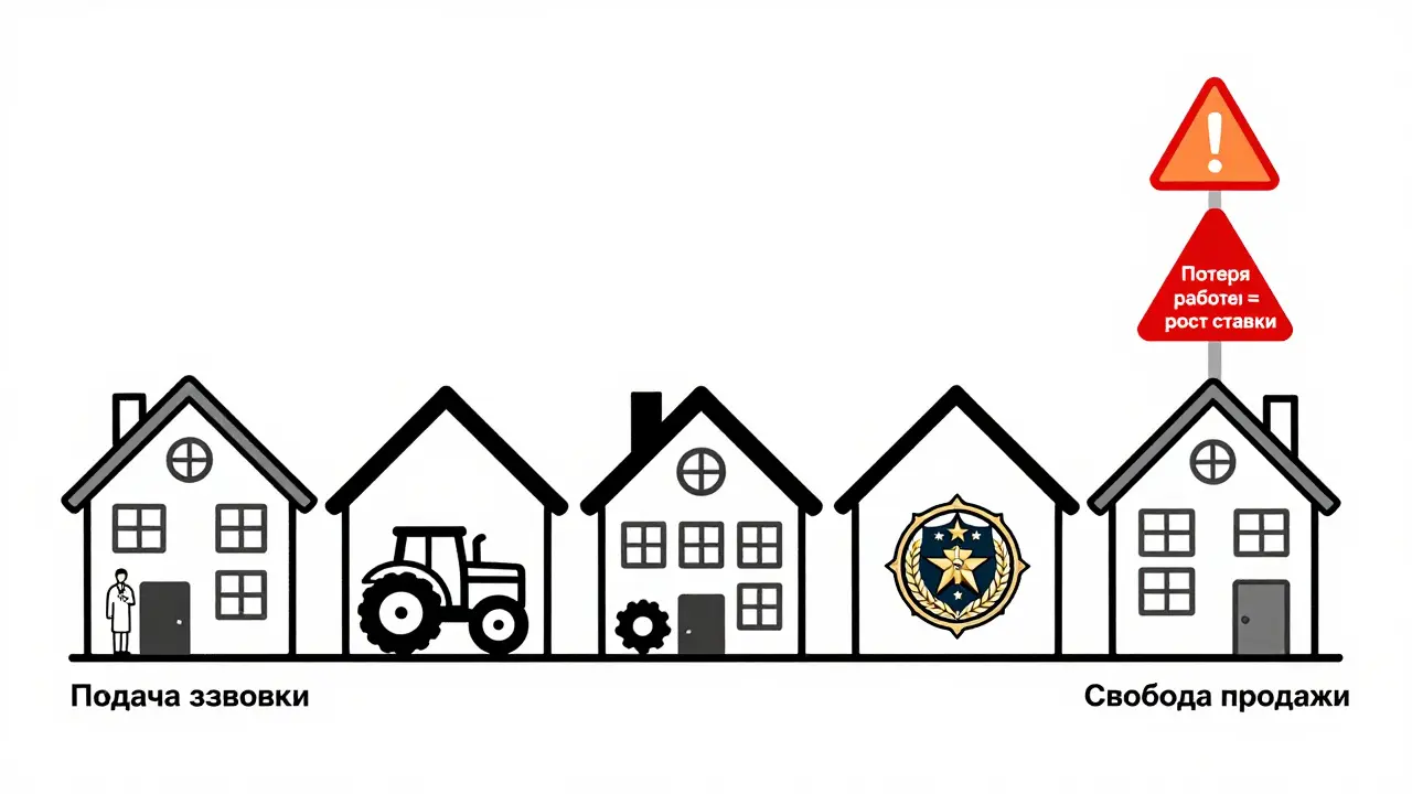 Визуальная линия времени обязательного проживания в селе с предупреждениями.