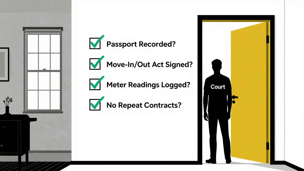 Внутри квартиры — чек-лист арендодателя с галочками, в дверях — силуэт суда, стиль — минимализм с яркими акцентами.