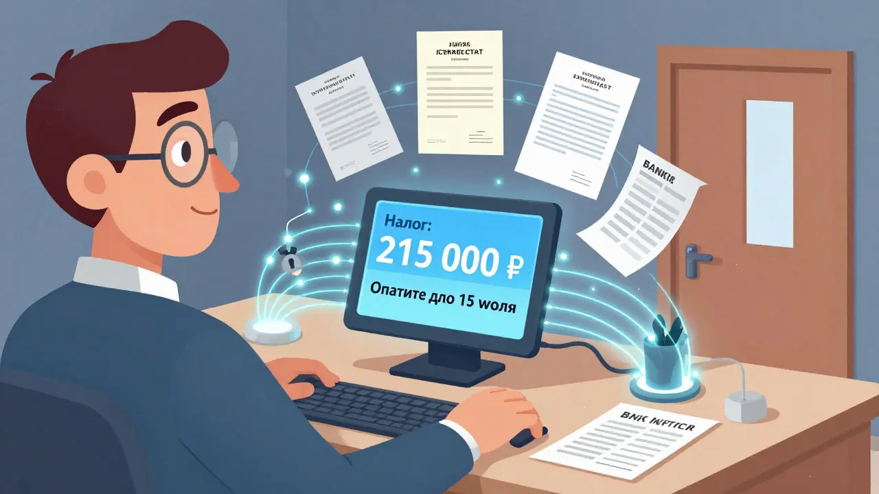 Автоматизированная система ФНС отправляет уведомление о налоге на tablet, рядом — документы на наследство и продажу квартиры.