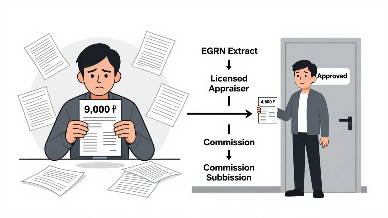 Два сценария: человек с высоким налогом слева и с низким — справа, между ними шаги процесса оспаривания.