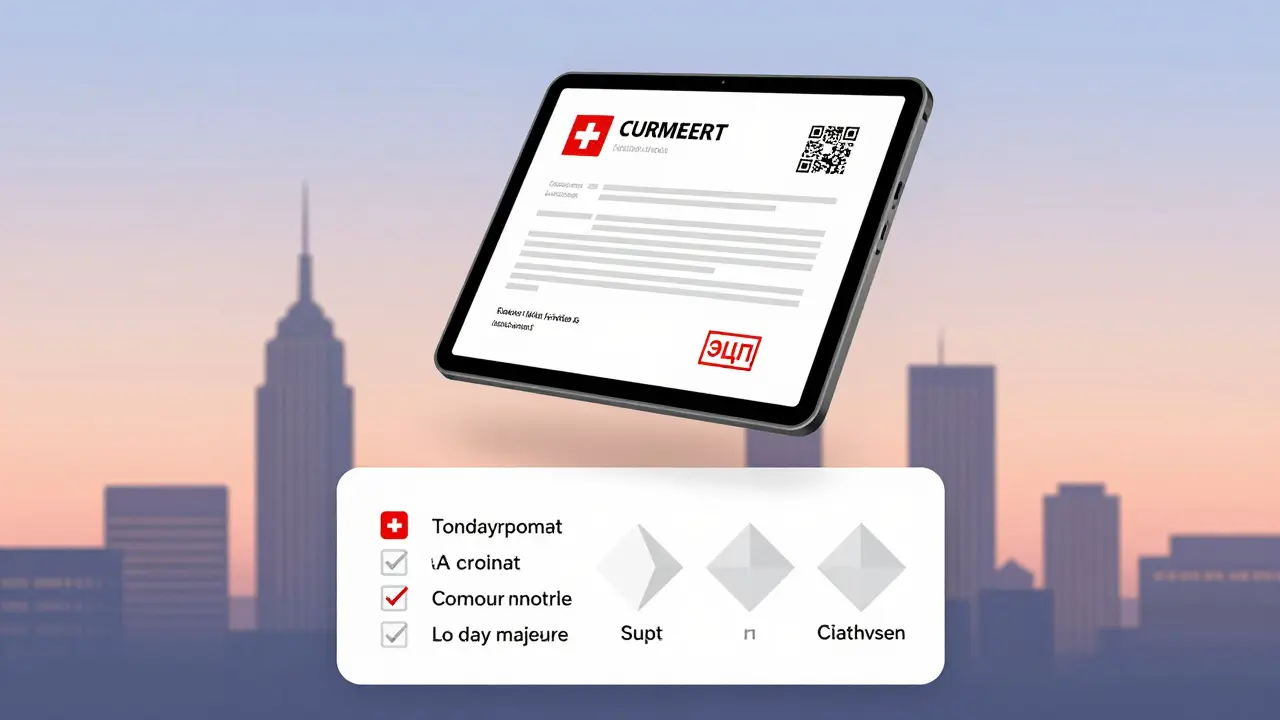 Электронный договор с ЭЦП и списком условий возврата задатка на фоне городского панорамного вида.