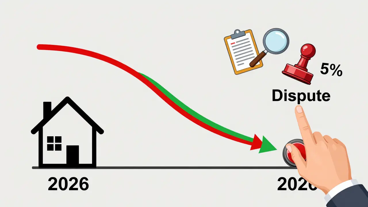 График роста кадастровой и рыночной стоимости с точкой вмешательства в 2026 году, символы процесса над графиком.