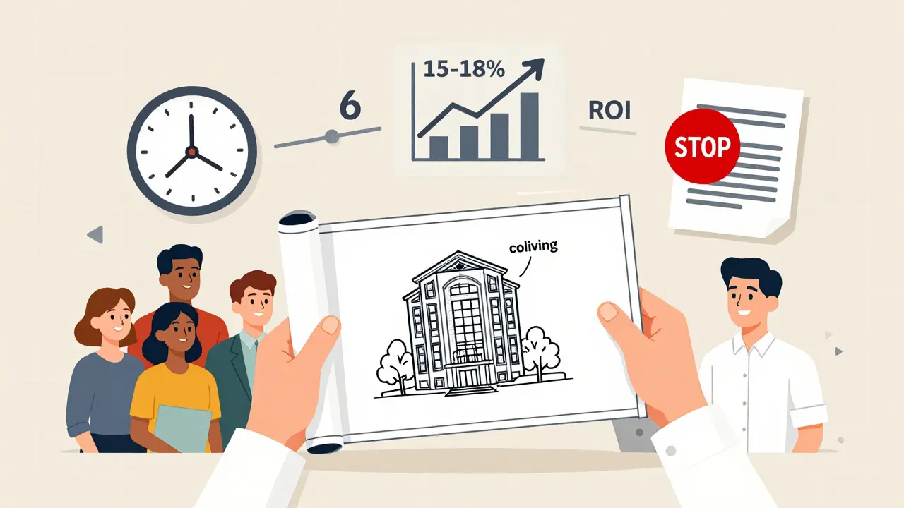 Инвестор с планом коливинга и визуальными символами доходности и рисков.