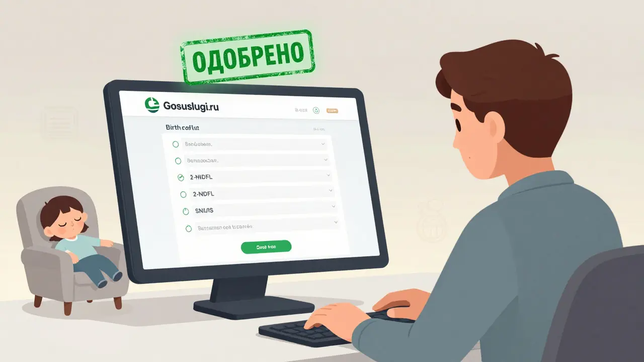 Одинокий родитель оформляет семейную ипотеку через портал Госуслуги с ребёнком рядом.