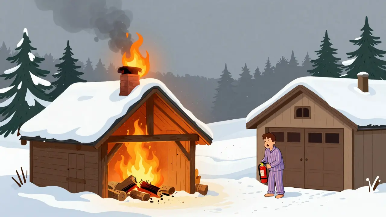 Пожар от дымохода загородного дома перекидывается на гараж соседа, хозяин пытается потушить огонь.