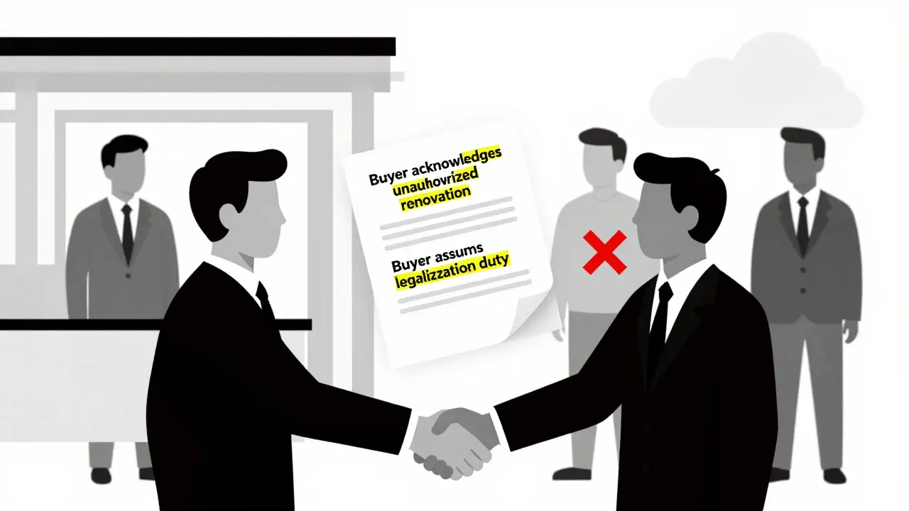 Продавец и покупатель заключают сделку, документ подчёркивает ответственность покупателя за узаконивание.