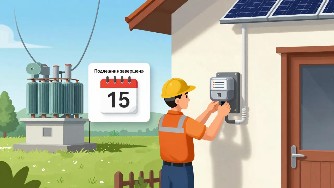 Работник устанавливает счётчик, на фоне дома с солнечными панелями и отметкой 15 дней.