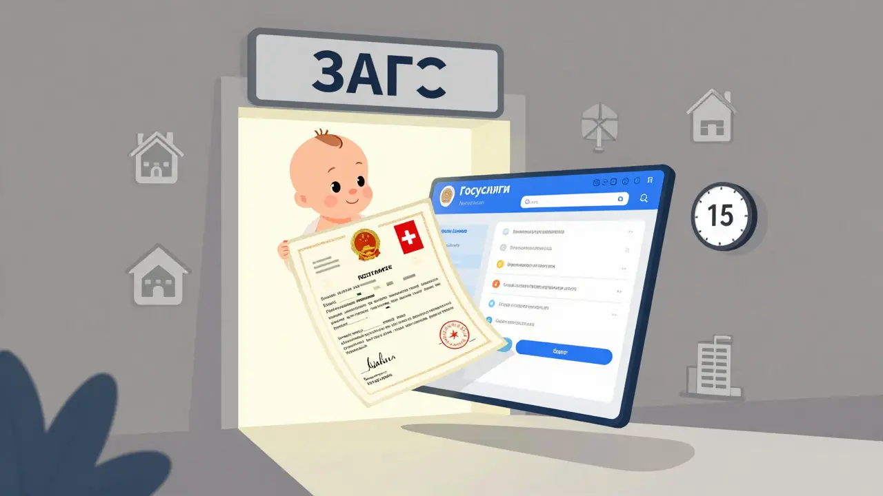 Рождение ребёнка автоматически активирует сертификат материнского капитала через портал Госуслуги, изображённый как цифровой поток.