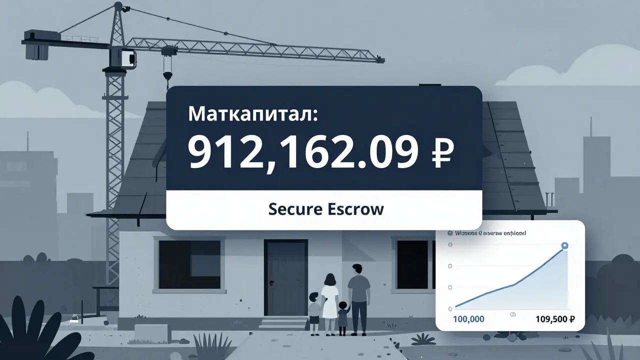 Семья строит дом, используя материнский капитал через эскроу-счёт, с отображением роста остатка средств на экране.