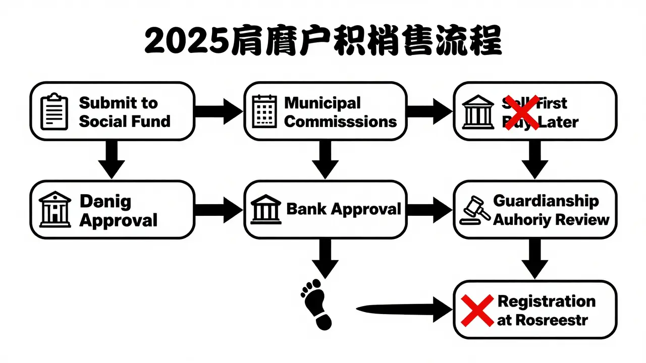Схема процесса продажи квартиры с маткапиталом в 2025 году с ключевыми этапами.