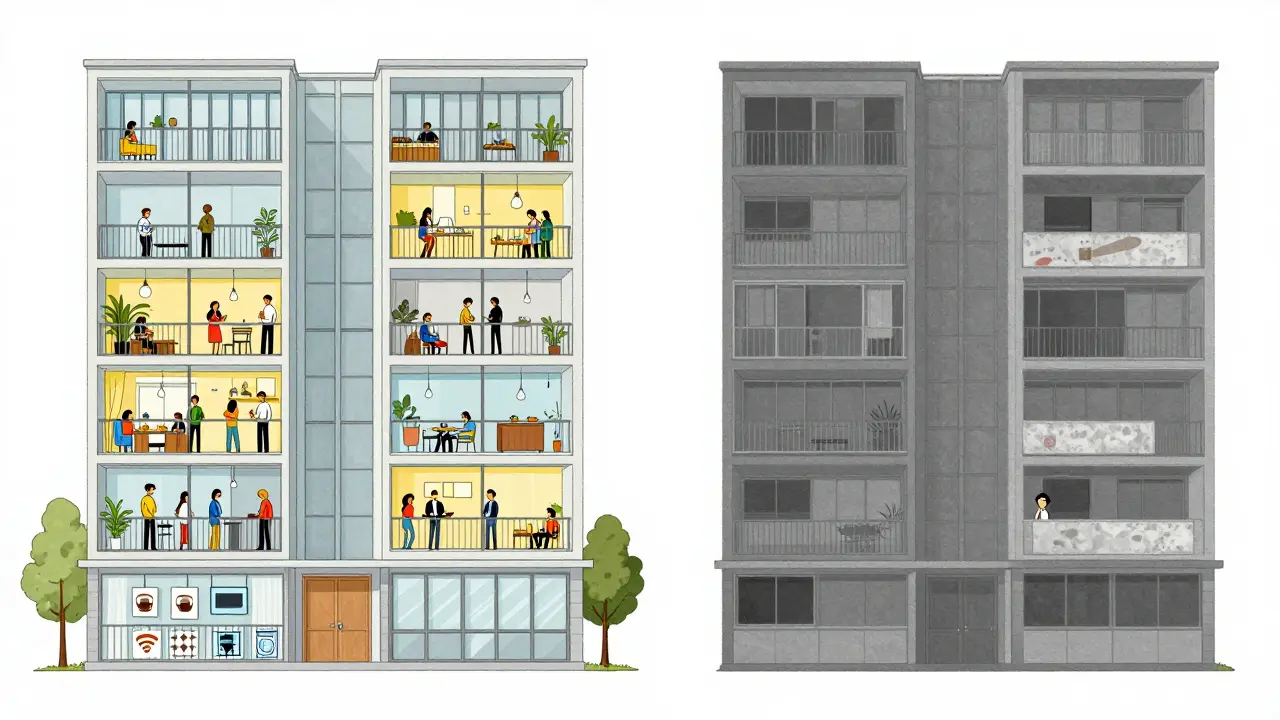 Сравнение активного коливинга и пустого доходного дома в минималистичном стиле.
