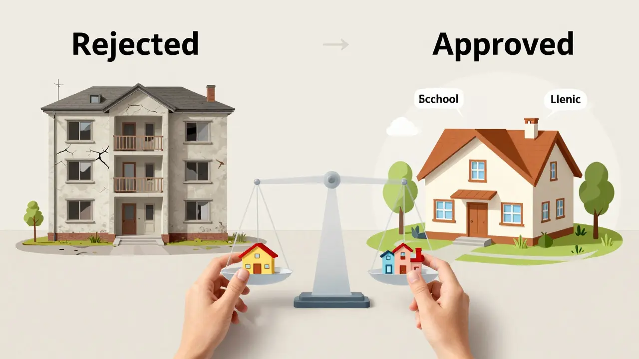 Сравнение старого и нового жилья: слева — аварийное, справа — с школой и парком.